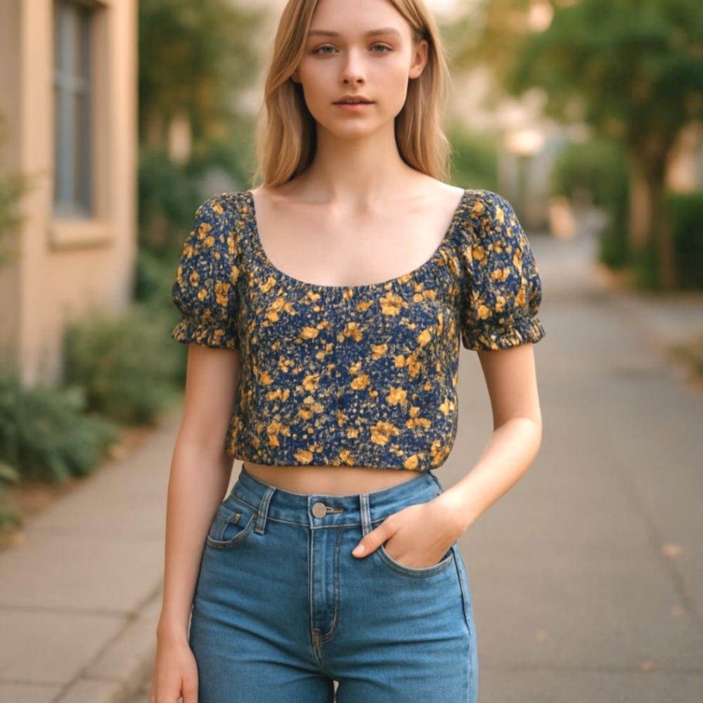 Cropped Peasant Top Off Shoulder Smocked Dark Floral Cottagecore Milkmaid / M